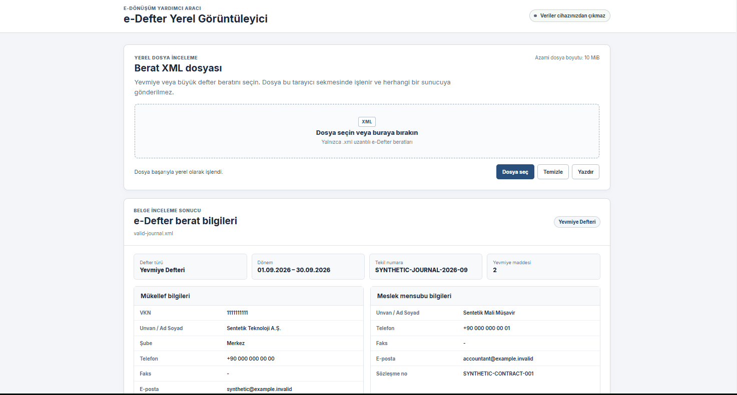 e-Defter Yerel Görüntüleyici dosya seçim ve belge özeti ekranı